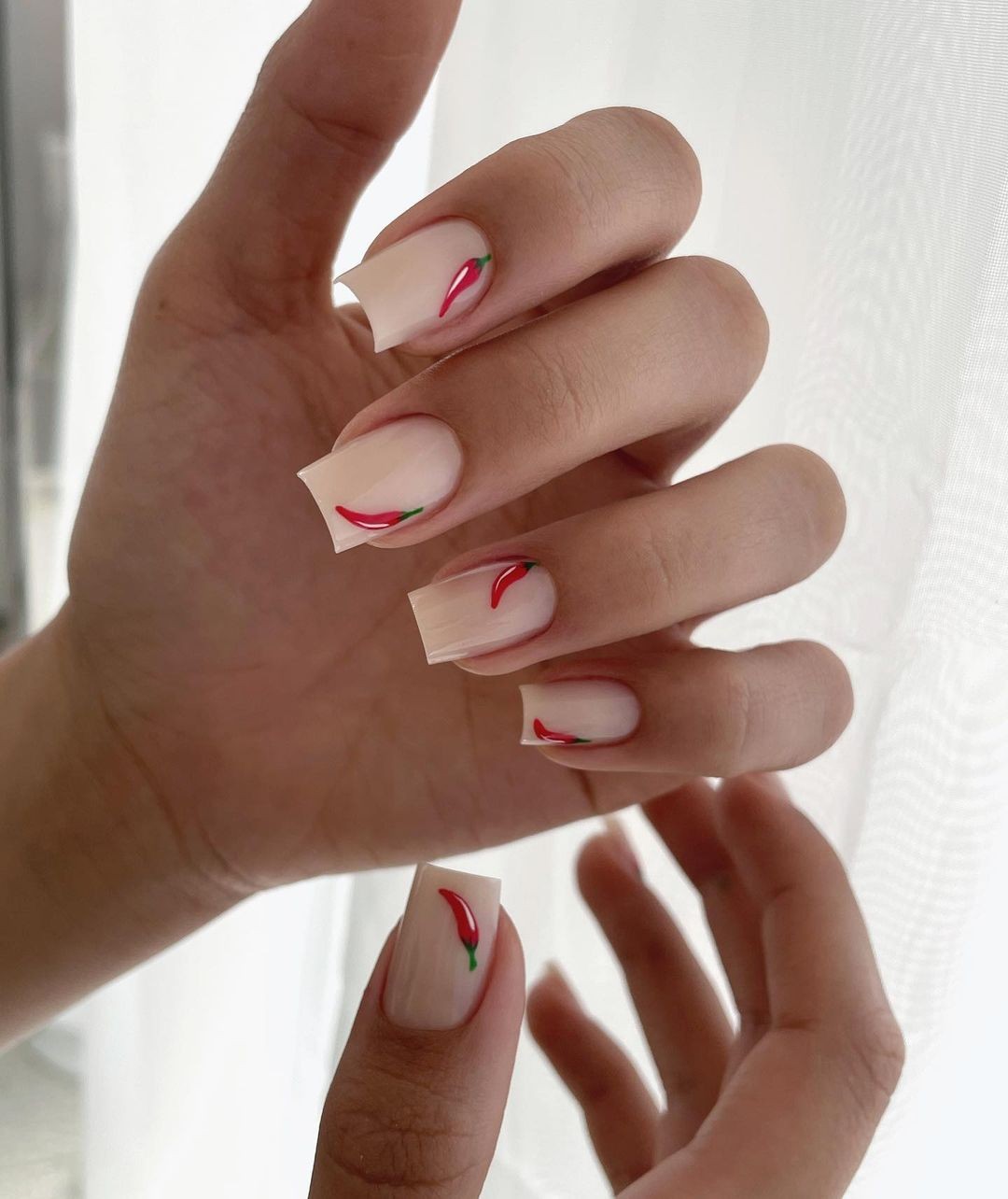 Nude Nails with Minimalistic Red Art