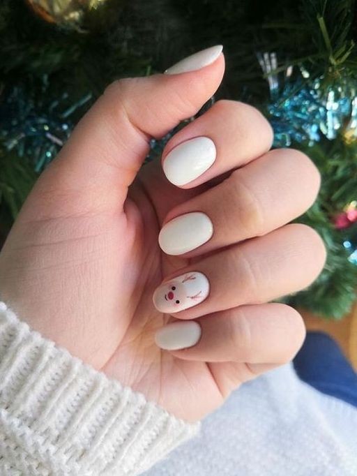 Simple Short Round Christmas Nails in White