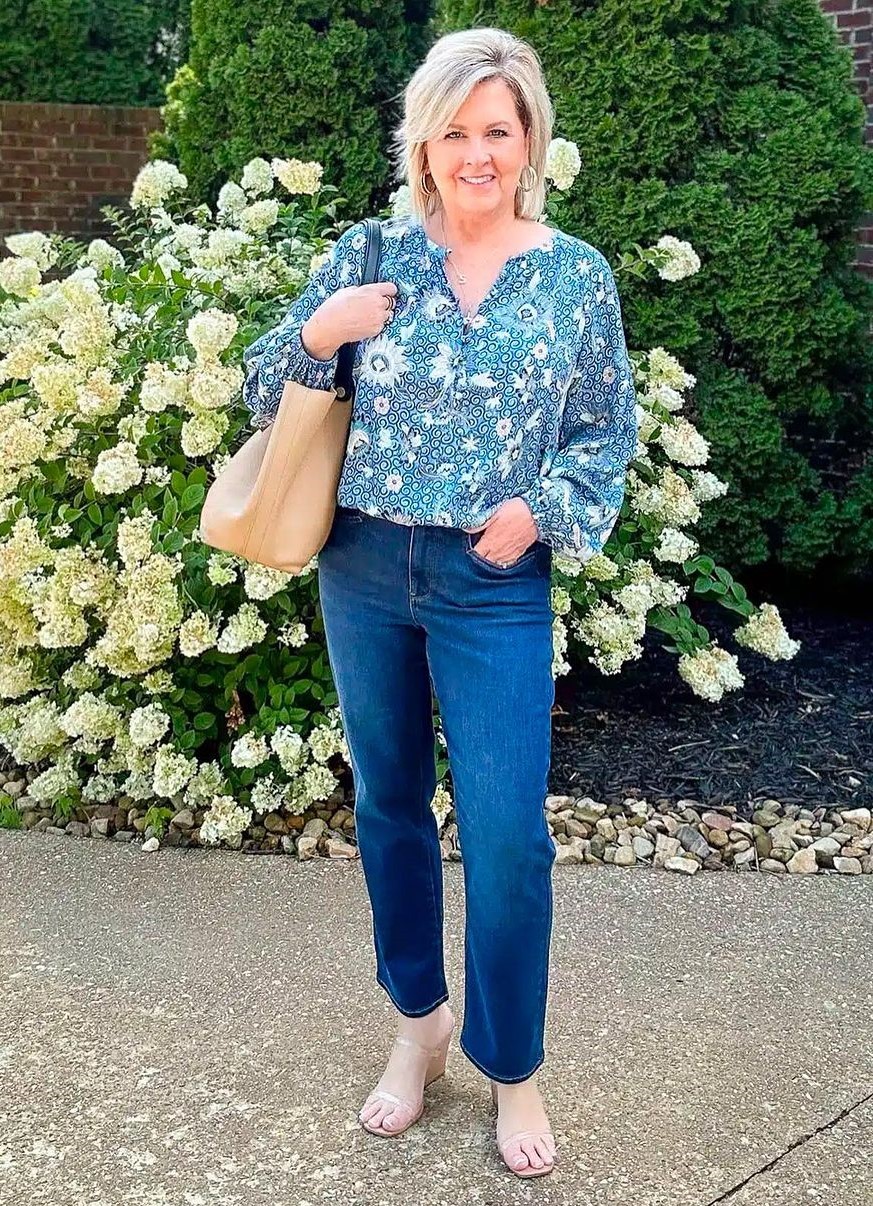 Stylish in a Blue Printed Blouse and Jeans