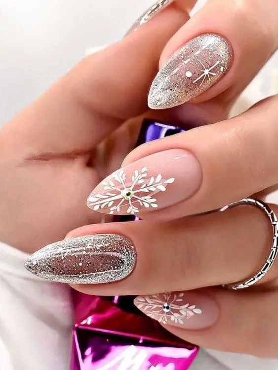 Silver Snowflake Nail Art: