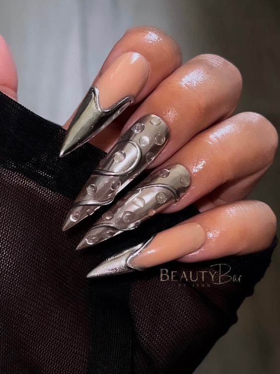 Negative Space Silver Nails with Chrome Accents: