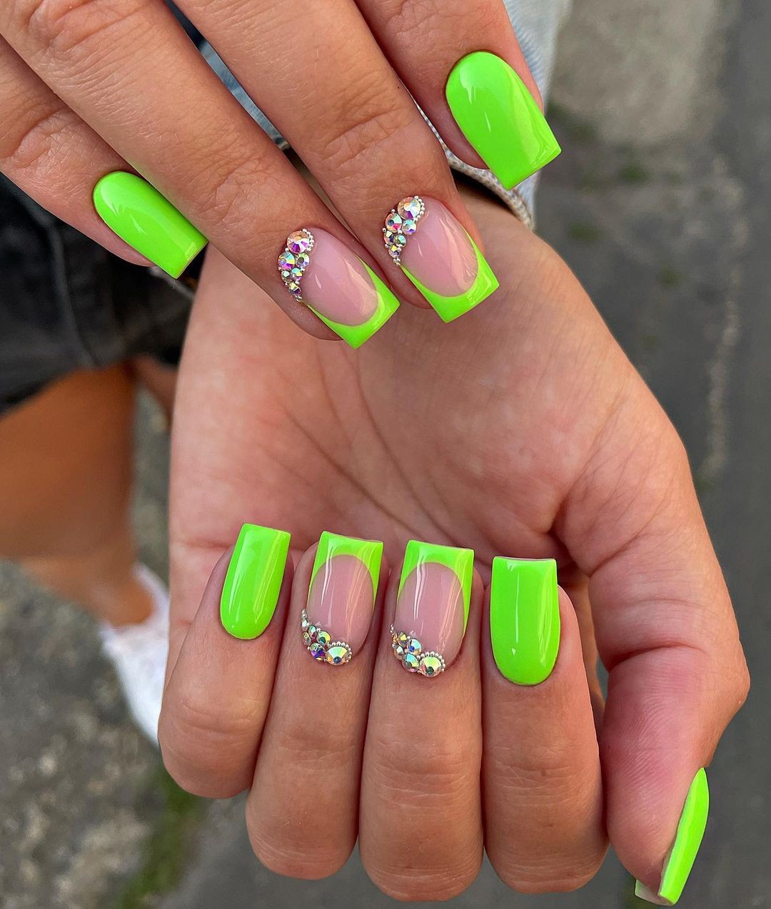 Bright Green Nails with Jeweled Cuticle Accents on Sheer Pink Bases