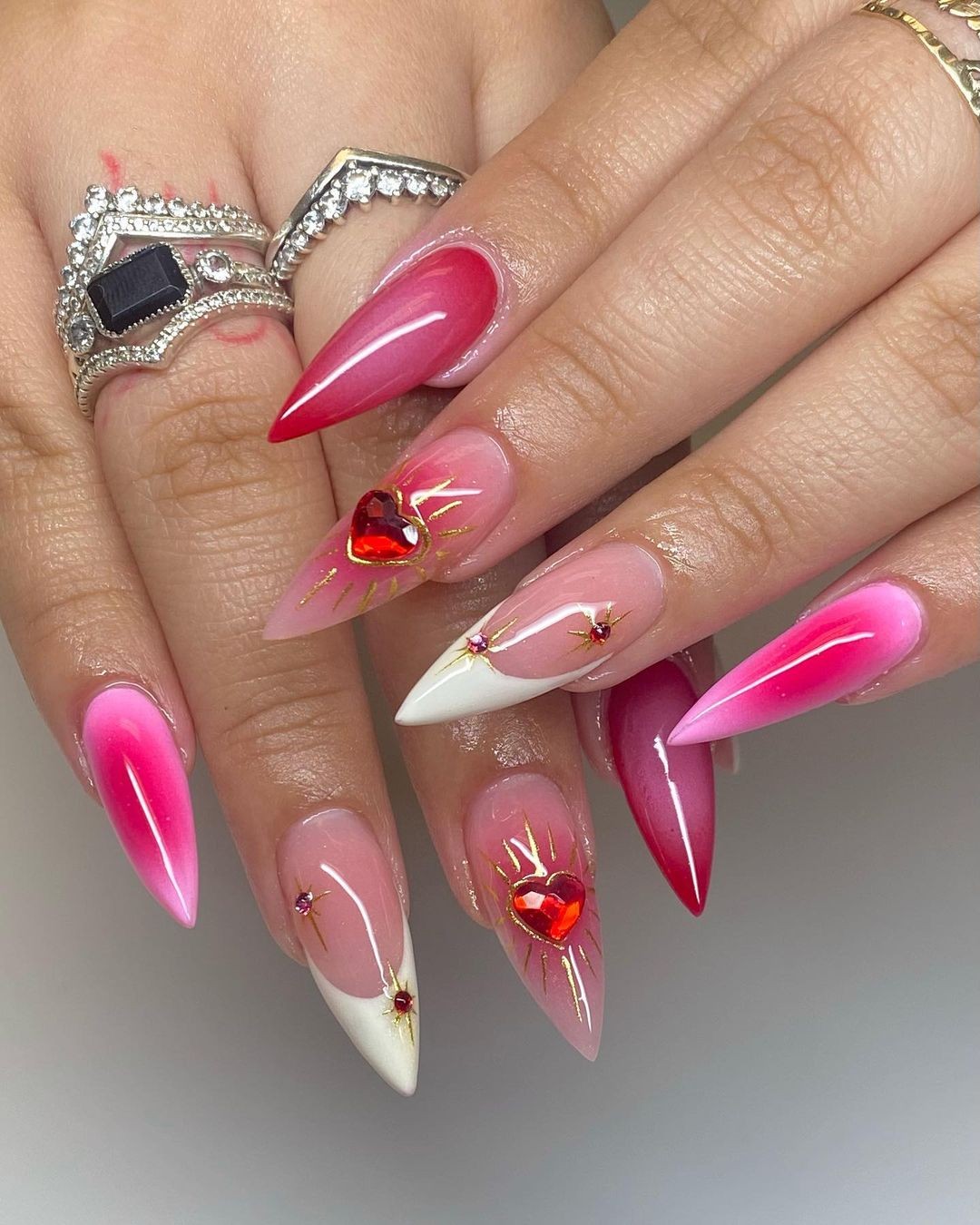 Dual-Tone with Hearts and Studs on Stiletto Nails