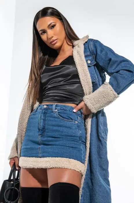 Denim Mini Skirt and Puffer Vest