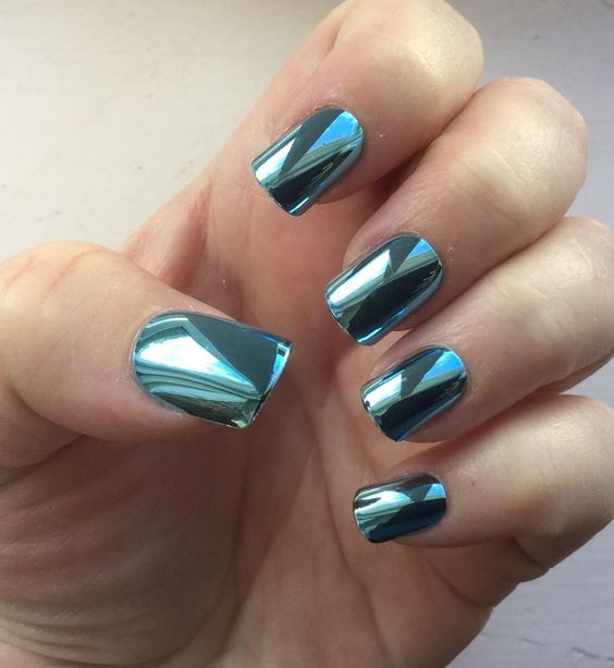 Geometric Blue Chrome Nail Art: