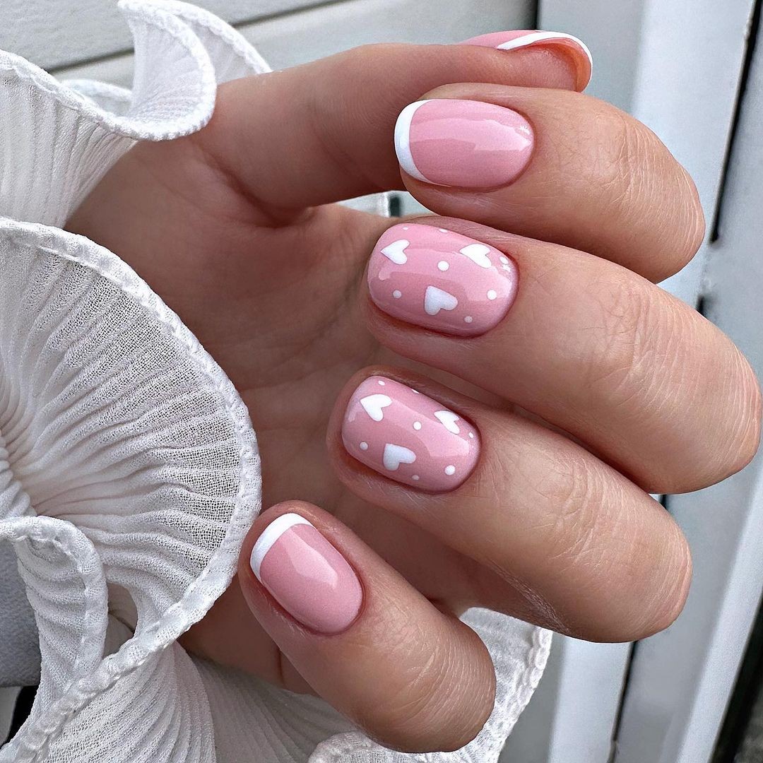 Pink Nails with White Tips and White Heart Accents