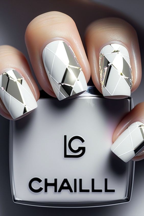 Geometric Silver Chrome Nail Art: