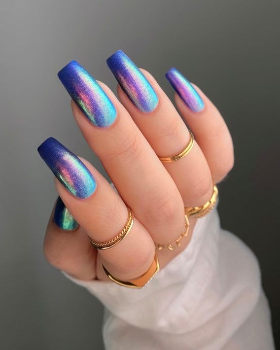 Blue Holographic Chrome Nails: