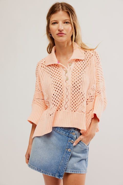 Peach Button-Up Sweater and Denim Skirt