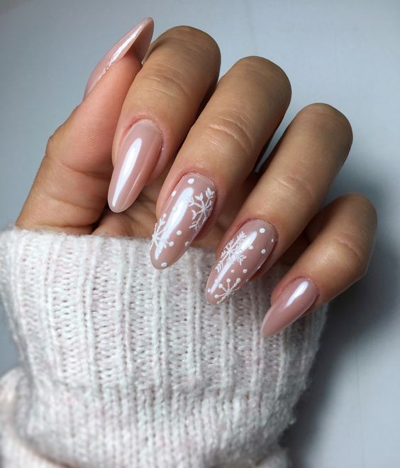 Almond Nails with Sparkly Snowflakes