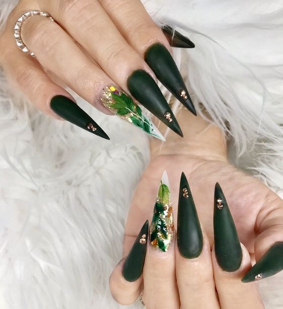 Fern Green Matte Stiletto Nails