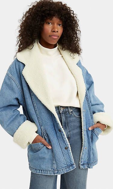 Oversized Denim Jacket with Shearling Collar