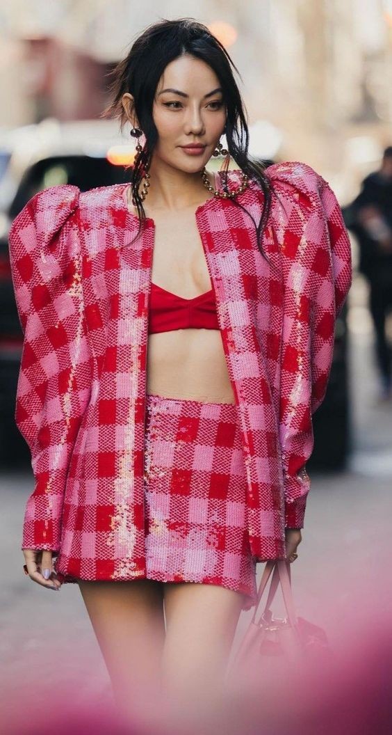 Textured Red Checkered Ensemble