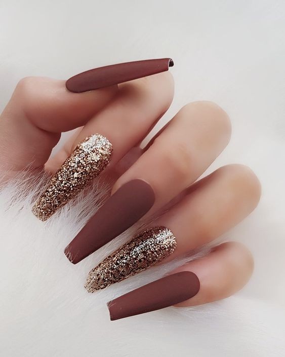 Matte Brown Nails with Gold Details: