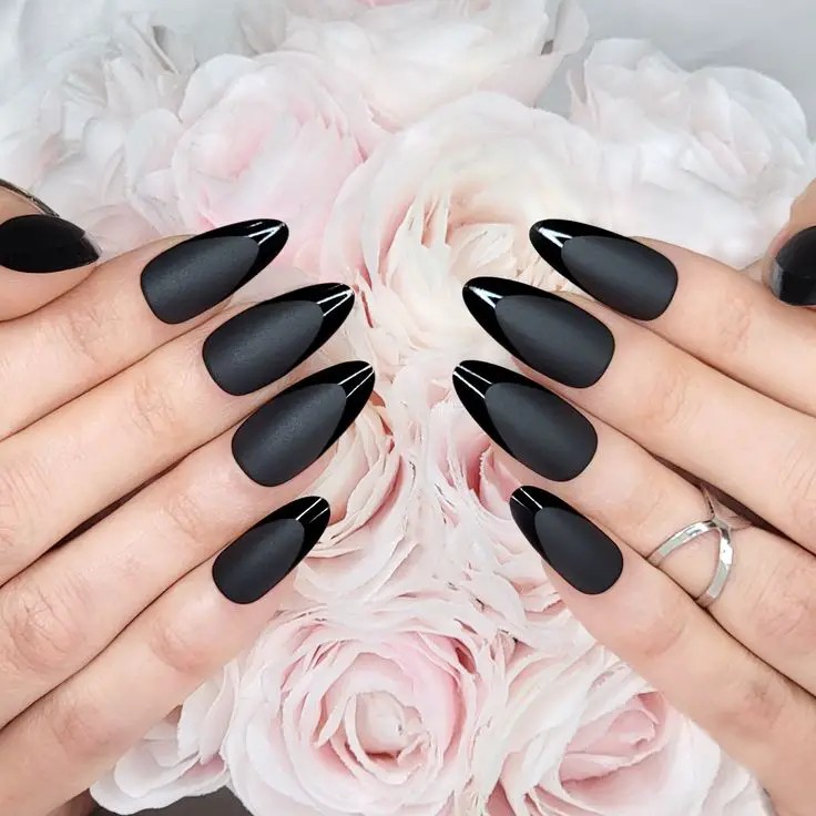 Matte Black Nails with Glossy Accents: