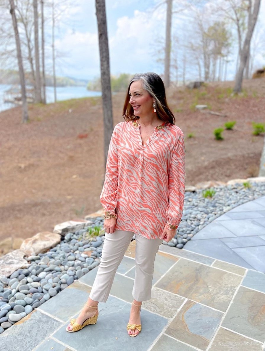 Coral Print Blouse and Cream Trousers