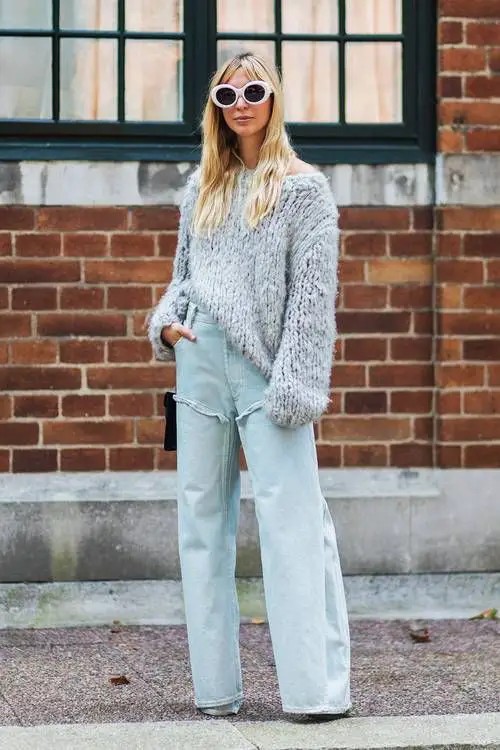 Wide-Leg Jeans and Chunky Sweater