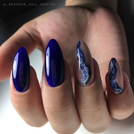 Dark Blue Almond Nails with Sparkly Accents