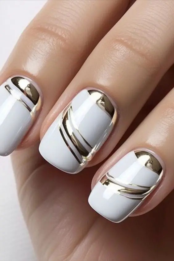 White Chrome Negative Space Nails: