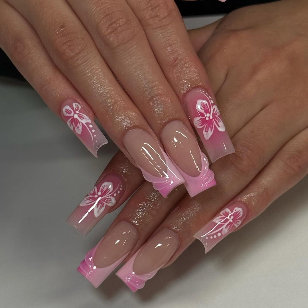 Pink Blossoms on Nude Coffin Nails