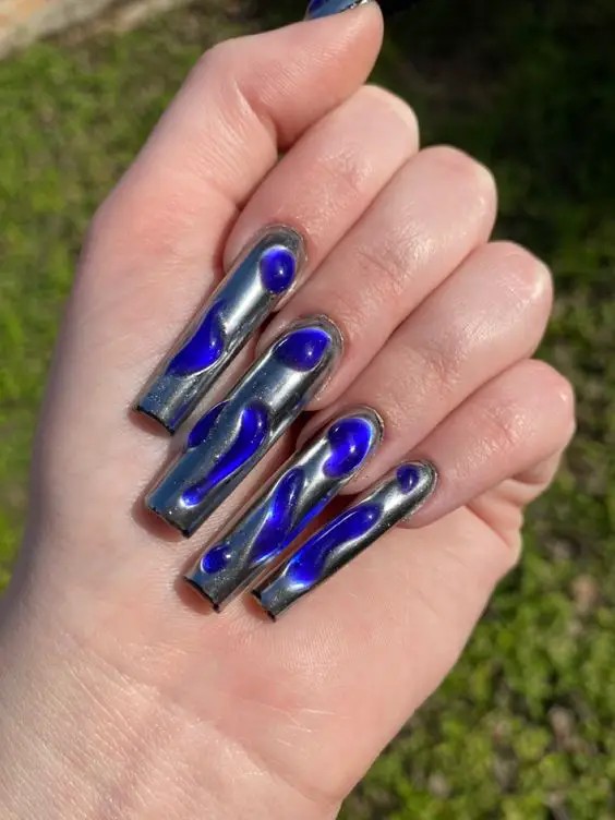 Abstract Blue Chrome Nail Art: