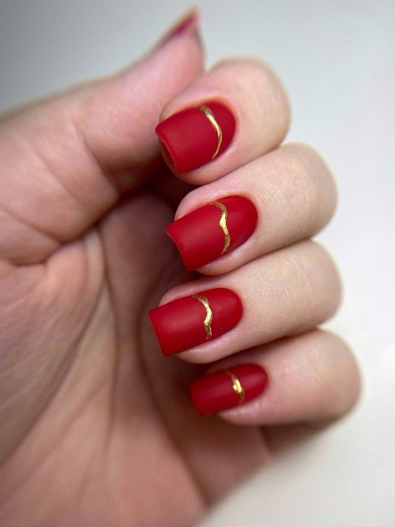 Red and Gold Striped Nails: