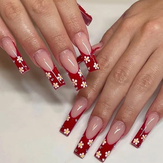 Bold Florals on Long Square Acrylics