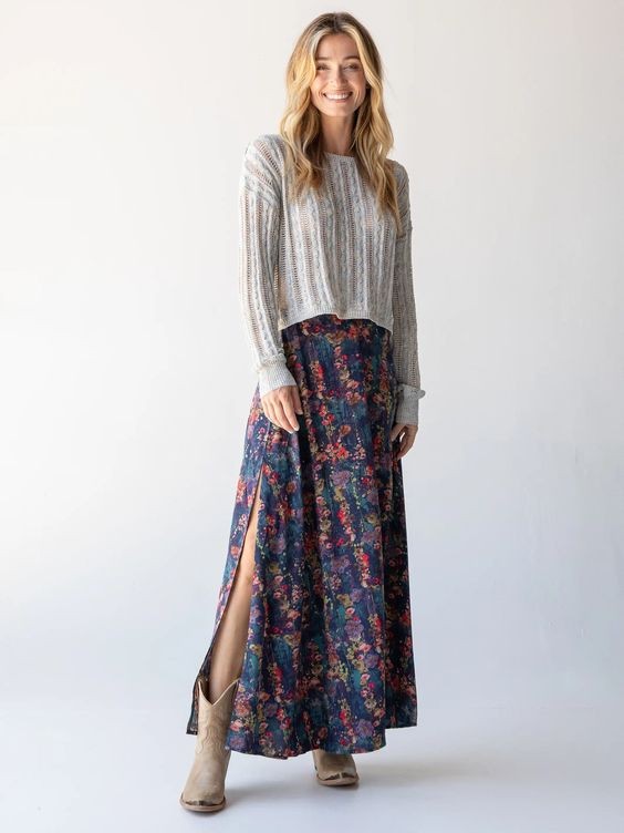 Boho Floral Skirt with Knit Top