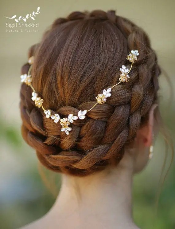 The Brunette Embellished Crown: Floral Accents in a Classic Braid