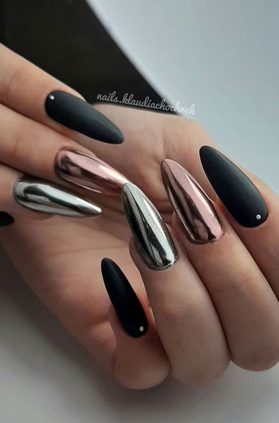 Black Chrome Almond Nails