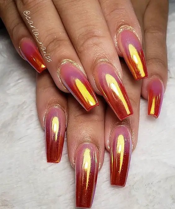 Orange Gradient Chrome Nails: