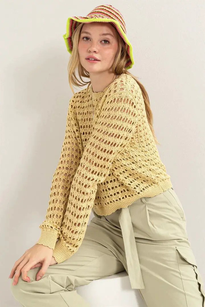 Beige Open-Knit Sweater and Cargo Pants