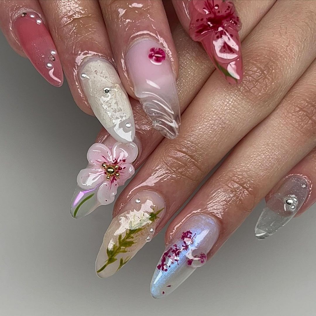 Almond Nails with Flower Art