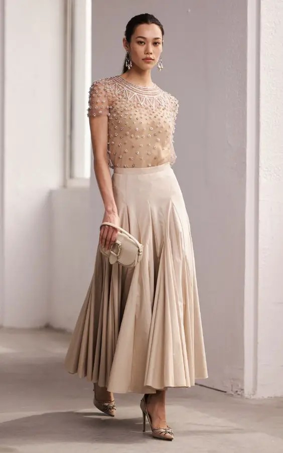 Timeless Sophistication: Pleated Nude Skirt with Embellished Top