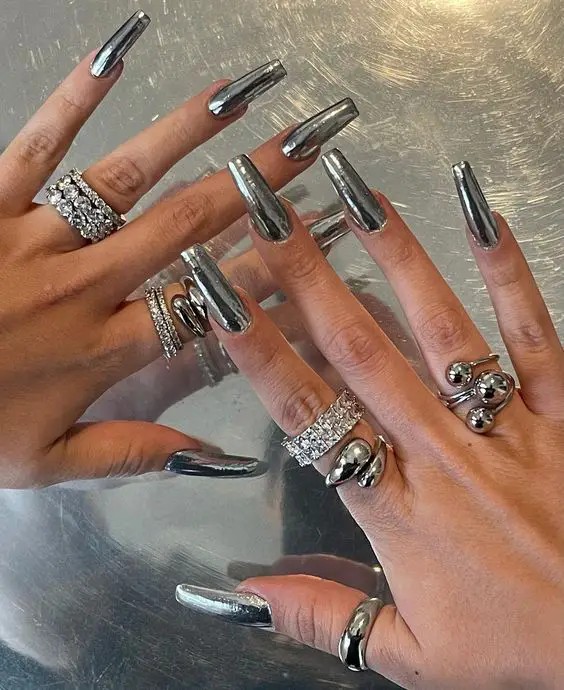 Metallic Silver Coffin Nails: