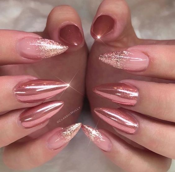 Rose Gold Chrome Almond Nails