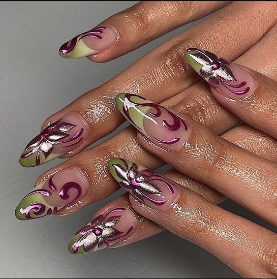 French Chrome Floral Nail Art: