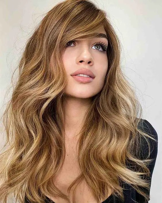 Side-Swept Bangs with Cascading Curls