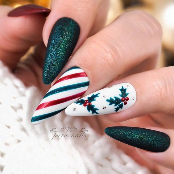 Red and Green Almond Nails with Festive Accents