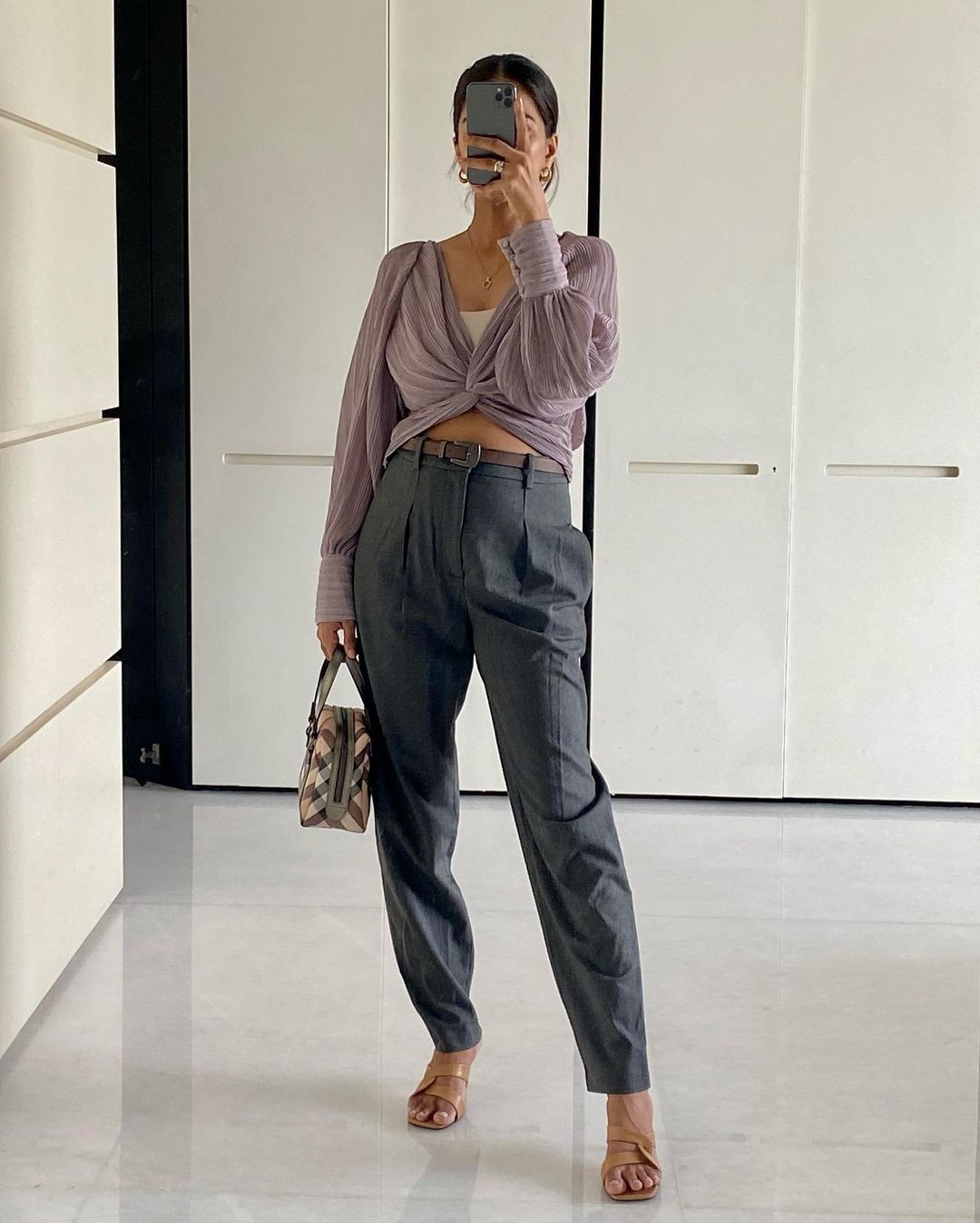 Wrapped Lavender Top and Gray Trousers