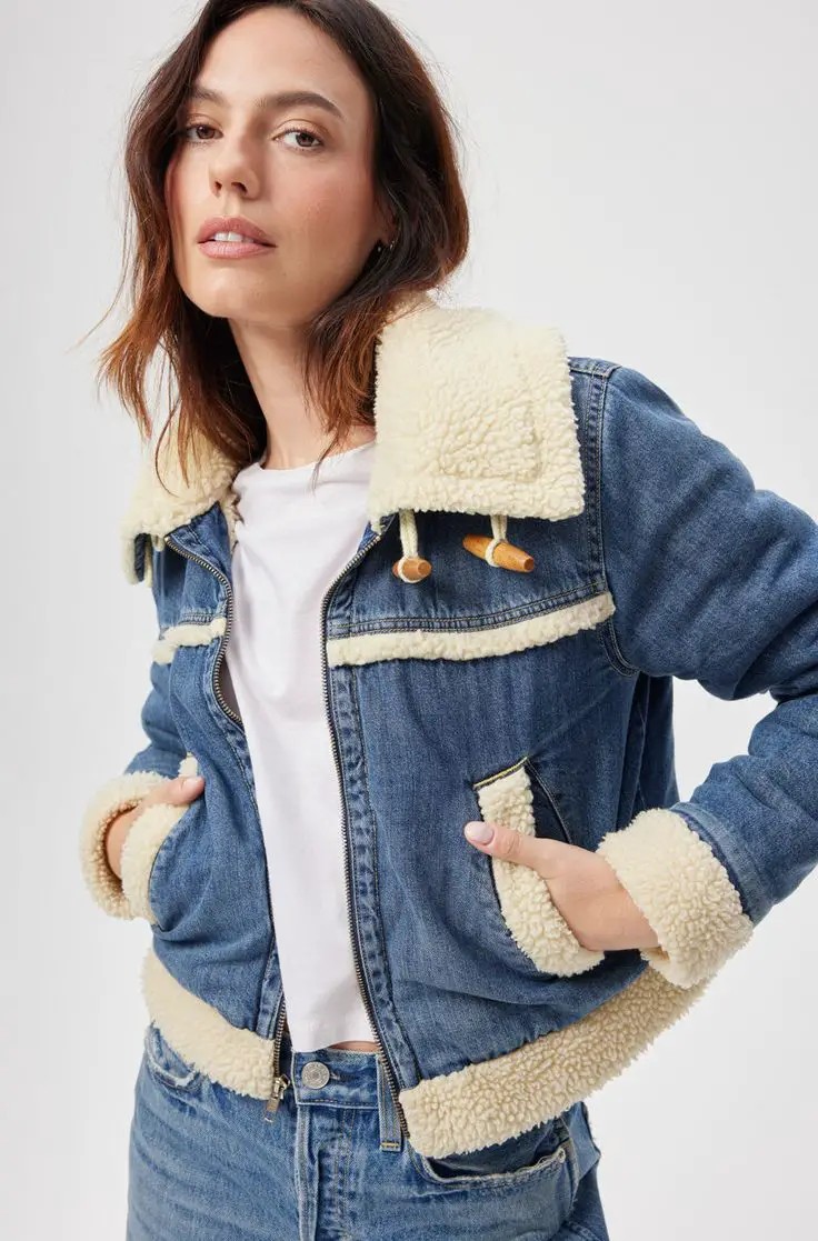 Cropped Denim Jacket with Shearling Details