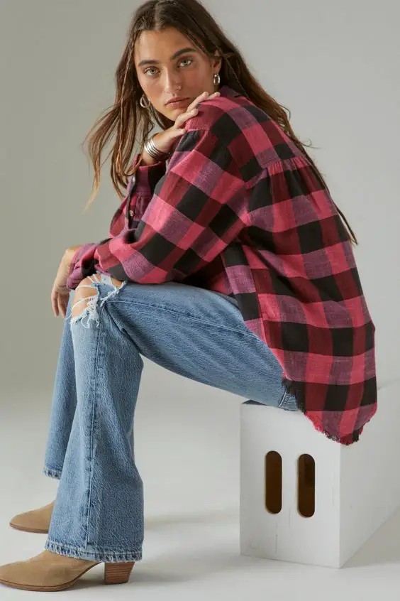 Distressed Denim and Plaid Shirt