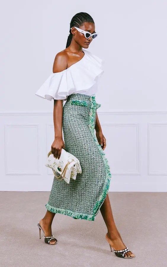 Textured Allure: Tweed Midi Skirt with Ruffle Detail