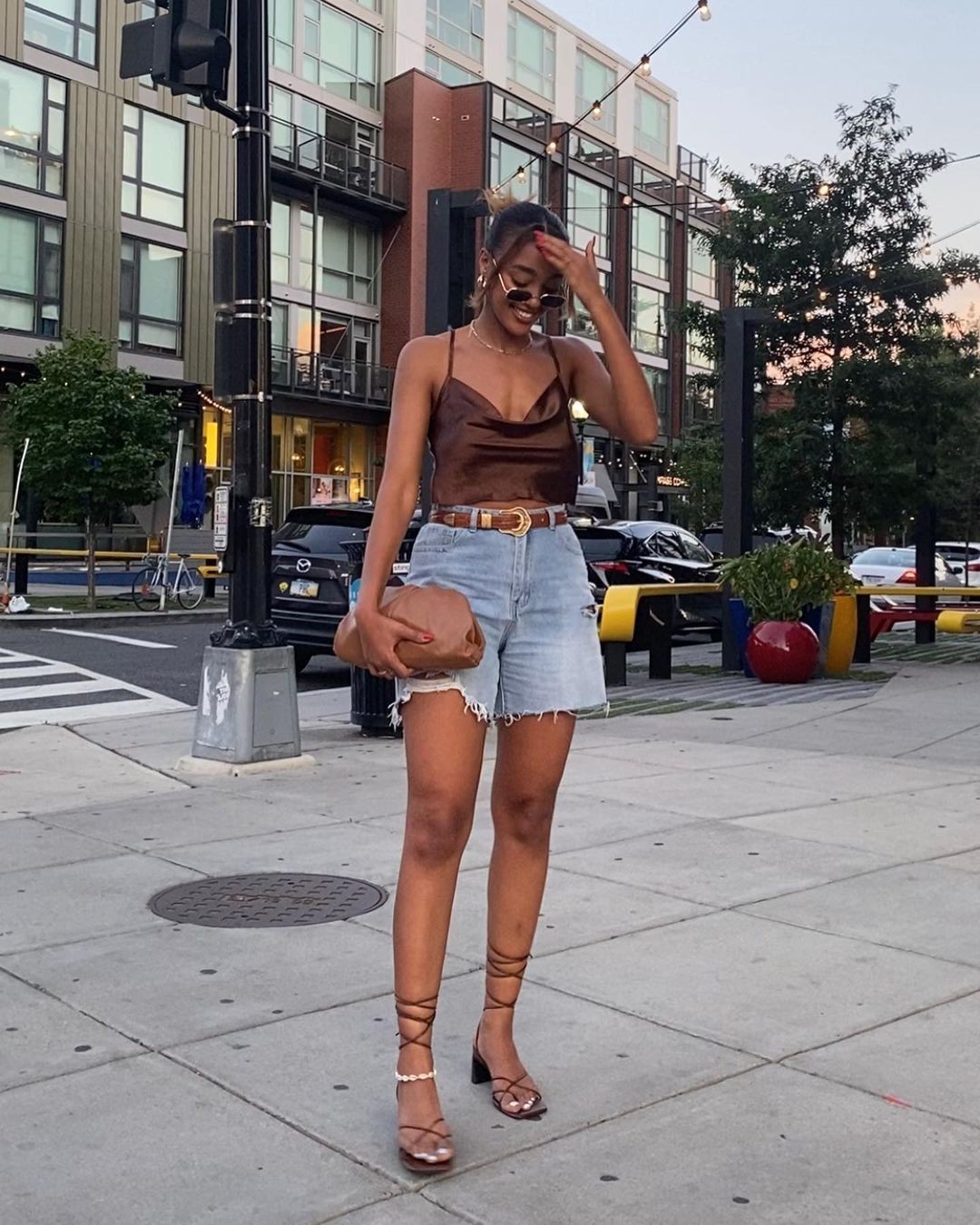 Brown Silk Top and Denim Shorts