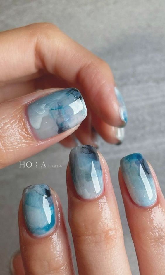 Watercolor Blue Gel Nails: