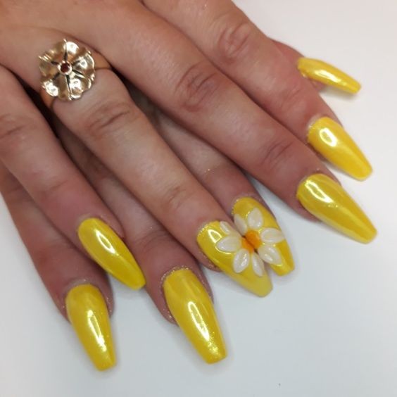 Yellow and Floral Nail Art: