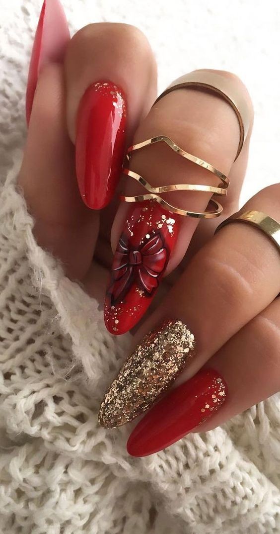 Red Almond Nails with Festive Art