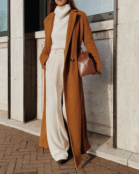 Camel Coat and Wide-Leg Pants