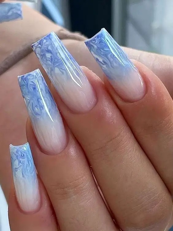 Icy Blue Ombre Nails: