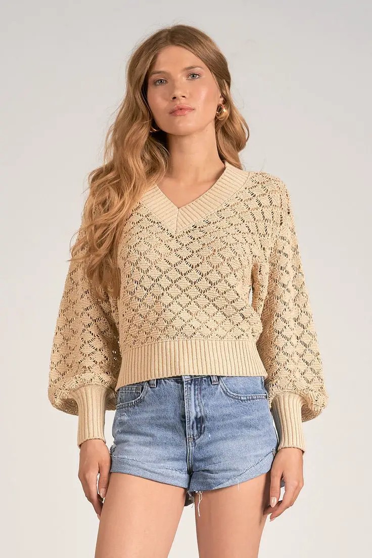 Beige Open-Knit Sweater and Denim Shorts